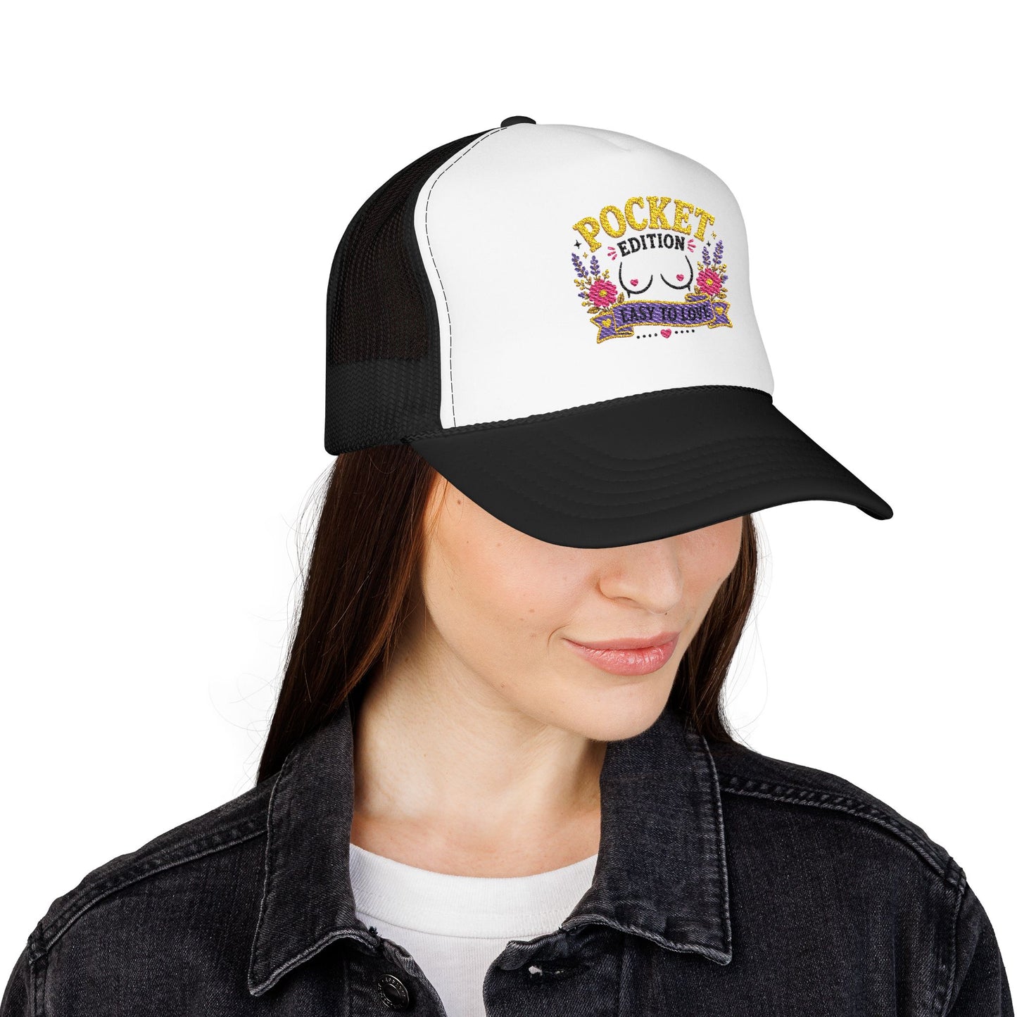 Pocket Edition breast illustration Foam Trucker Hat | floral graphic, playful slogan