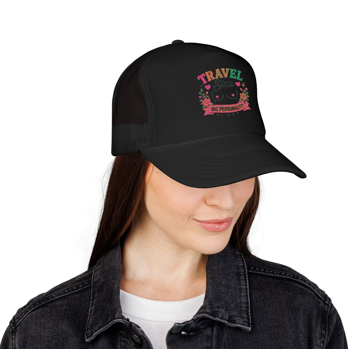 Travel Cat Floral Patch Foam Trucker Hat | Cute Kawaii Cat, Adventure Badge