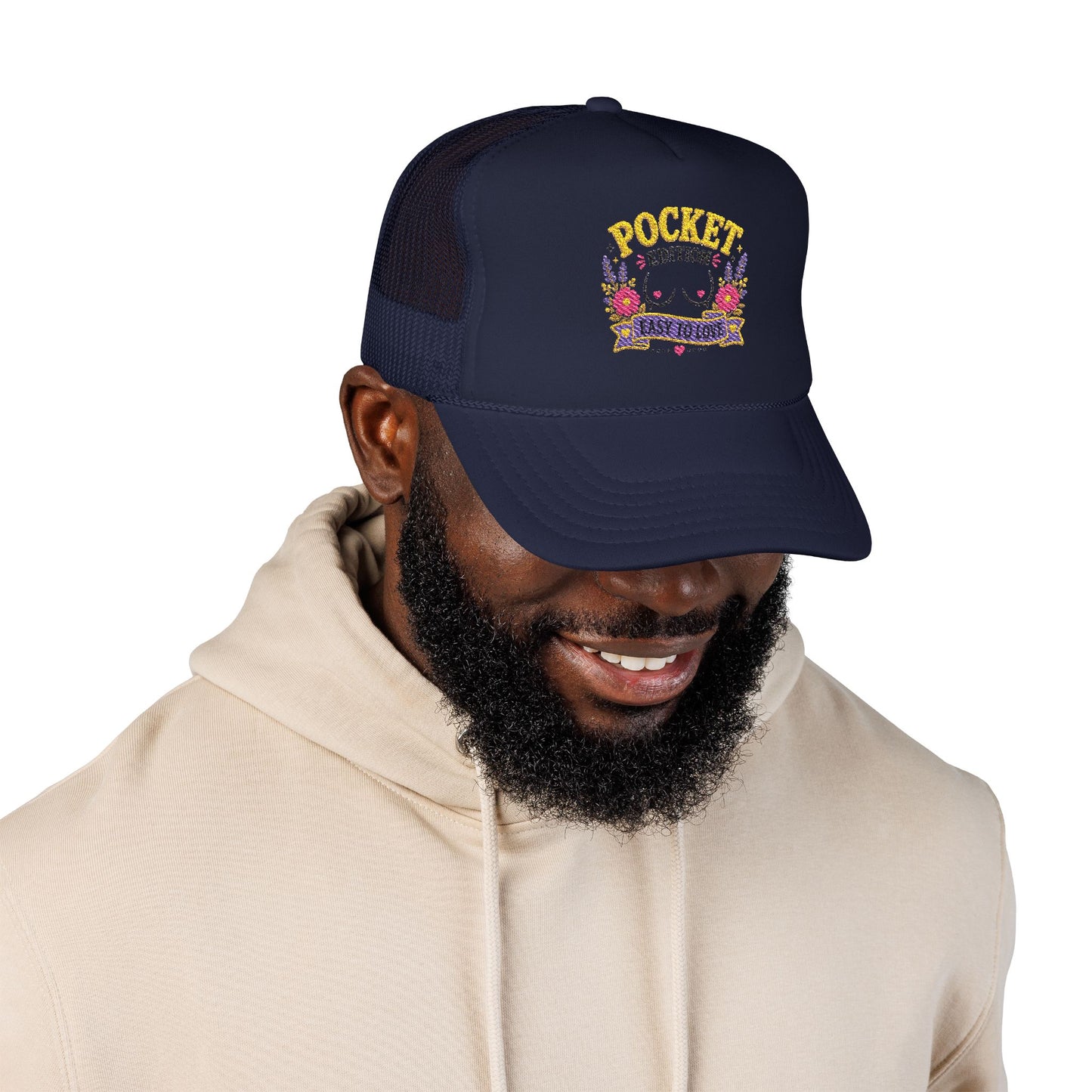 Pocket Edition breast illustration Foam Trucker Hat | floral graphic, playful slogan