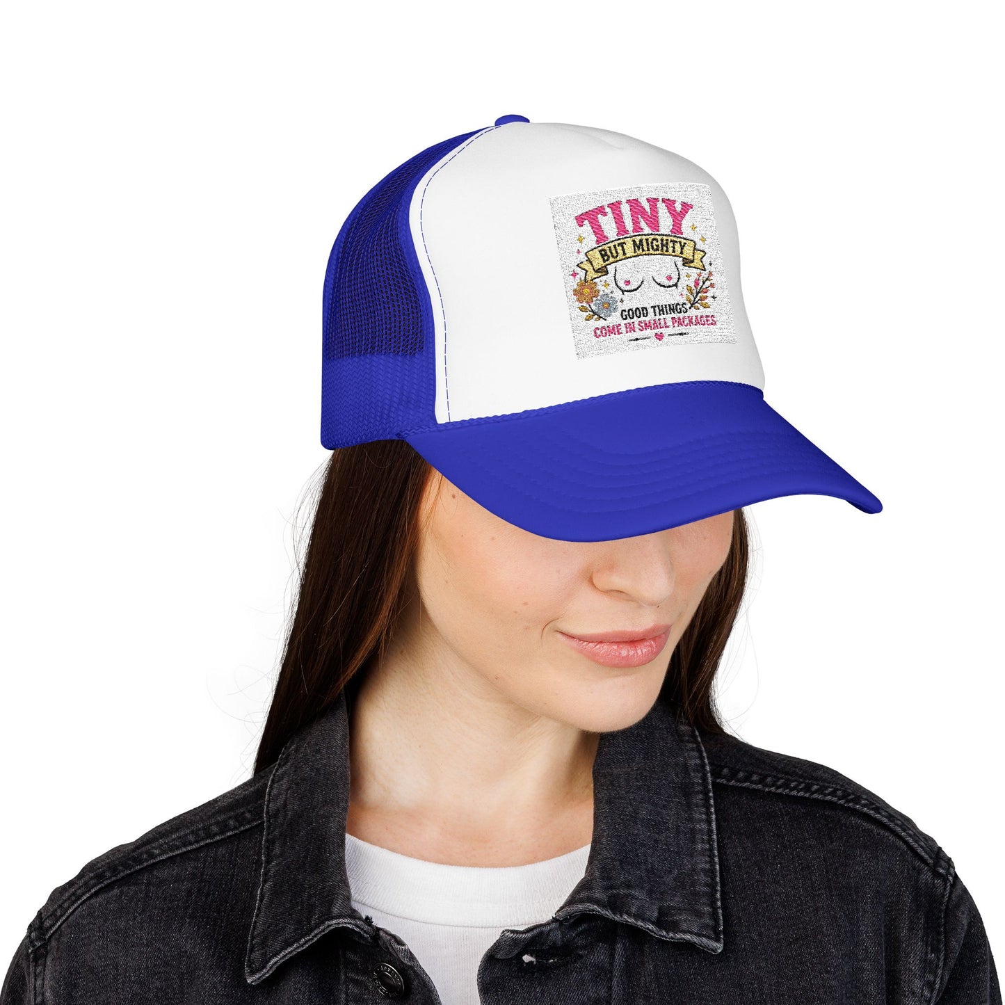 Tiny But Mighty design Foam Trucker Hat | cute floral graphic, pink mesh
