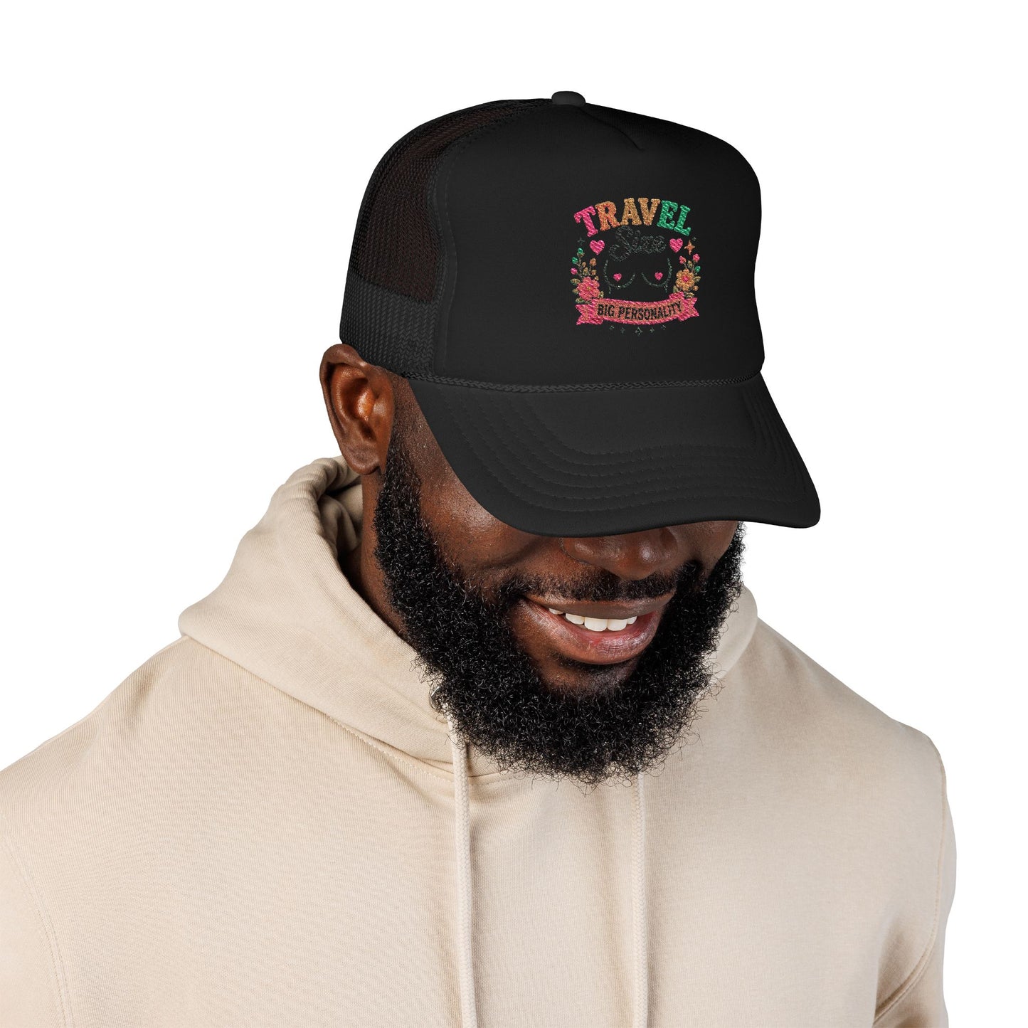 Travel Cat Floral Patch Foam Trucker Hat | Cute Kawaii Cat, Adventure Badge