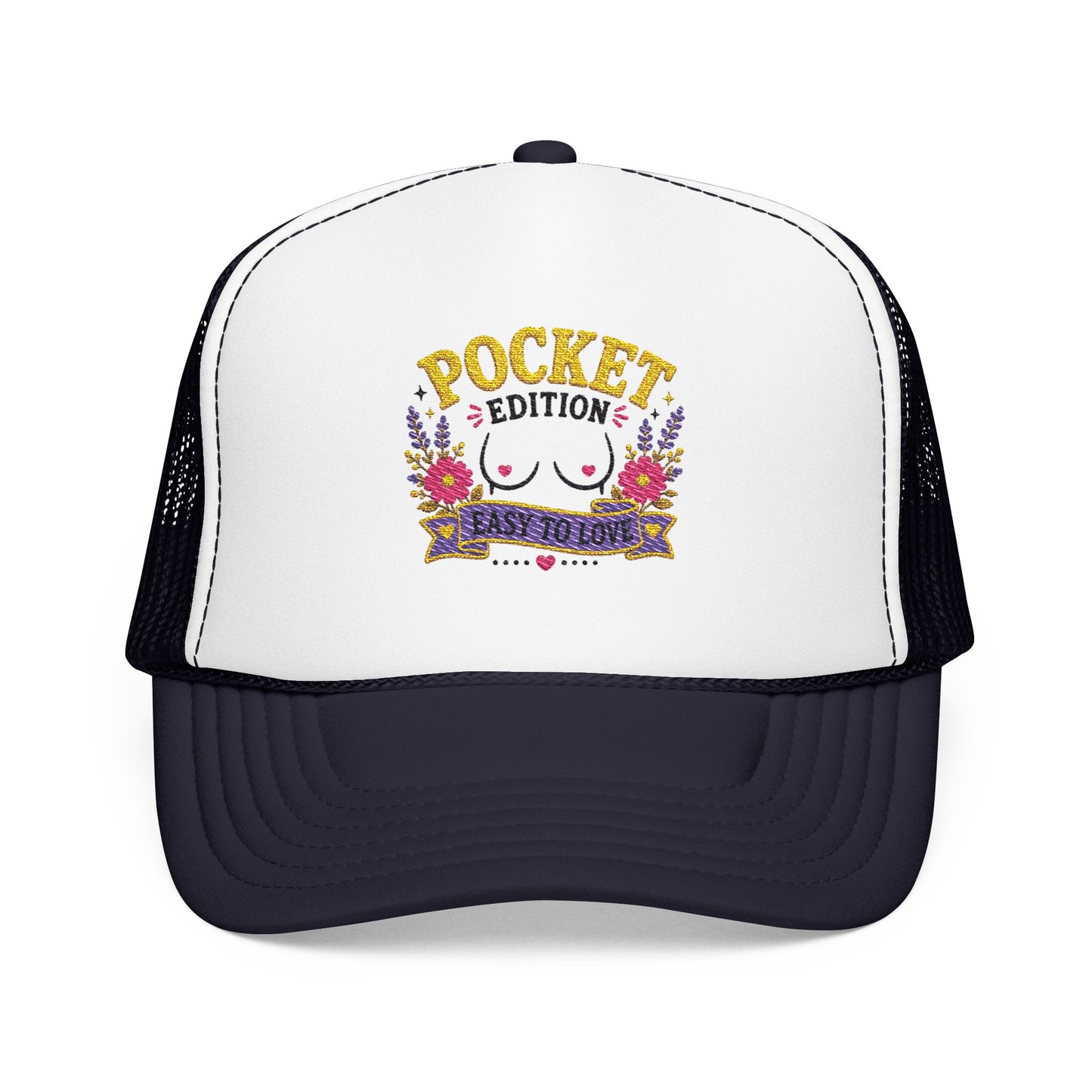 Pocket Edition breast illustration Foam Trucker Hat | floral graphic, playful slogan