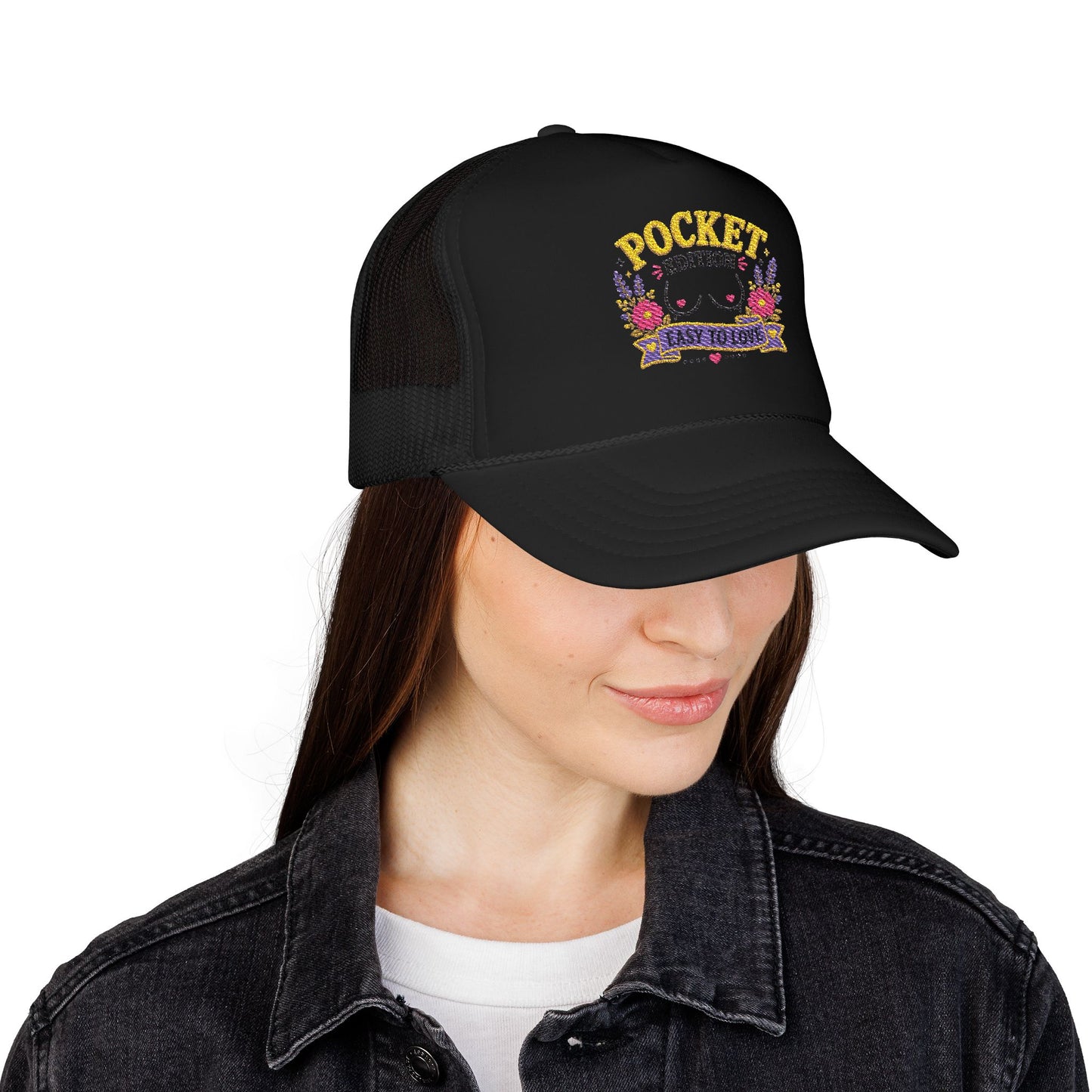 Pocket Edition breast illustration Foam Trucker Hat | floral graphic, playful slogan